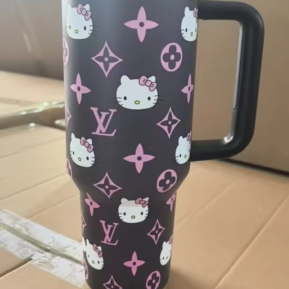Custom LV Black & Pink Hello Kitty Monogram Travel Mug